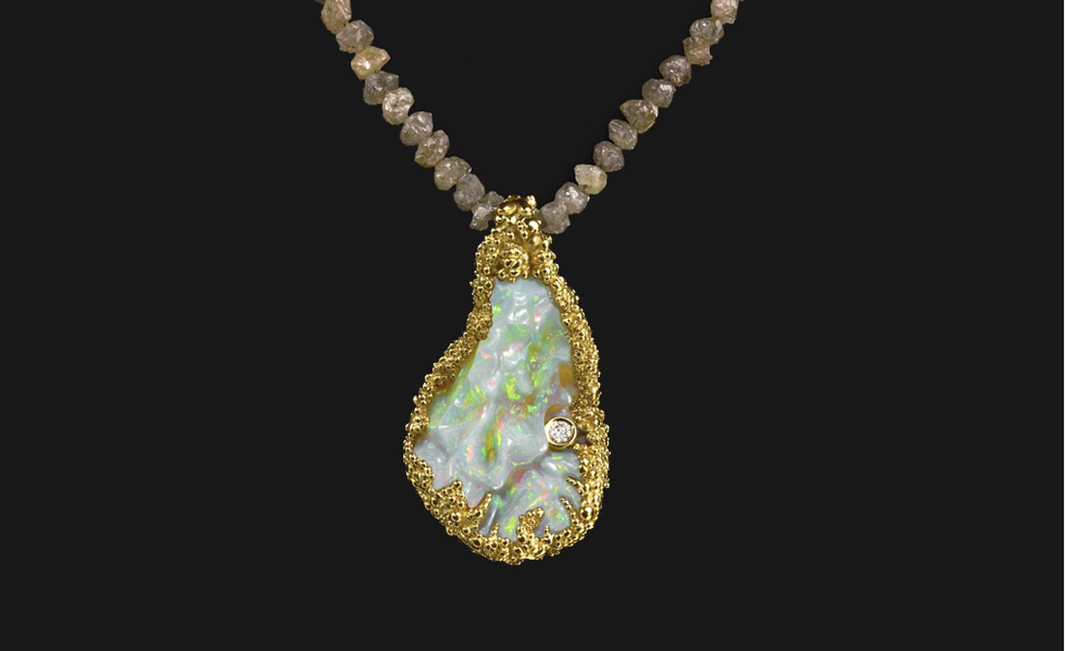Ornella Iannuzzi: The Blue Nile Falls pendant. Made with a 20 cts hand-carved Wello opal set in 18k gold with a brilliant cut diamond, and mounted on rough diamonds (42cts). Unique Piece. £12,500.