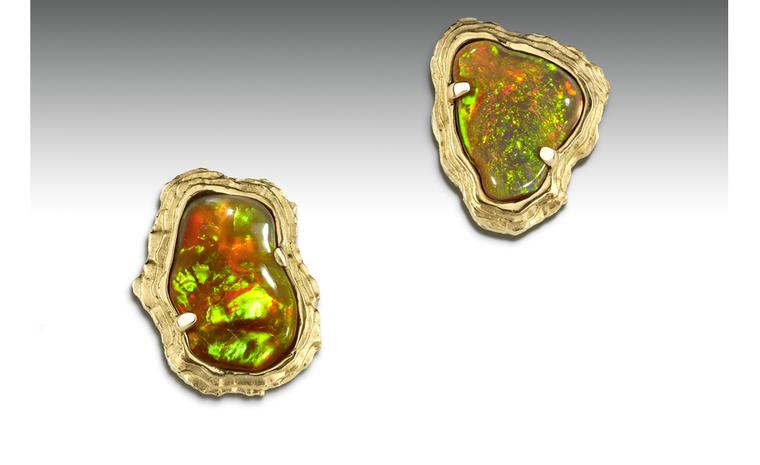Ornella Iannuzzi: Dallol Earrings. Made with a total of 10 cts hand-carved Wello opals set in 18k gold. Unique piece. SOLD - on commission from £3,500.