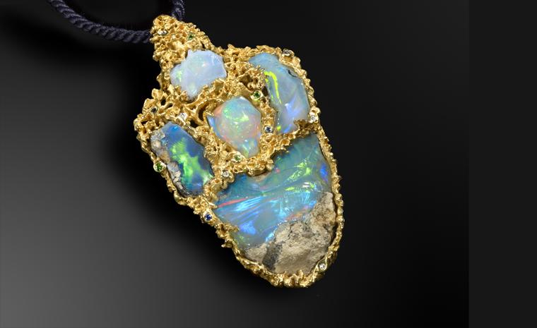 Ornella Iannuzzi: Cruise on the Lake Tana Pendant. Made of a total of 102,5 cts rough Wello opals set in 22ct gold with diamonds, sapphires and tsavorites. Unique piece. SOLD