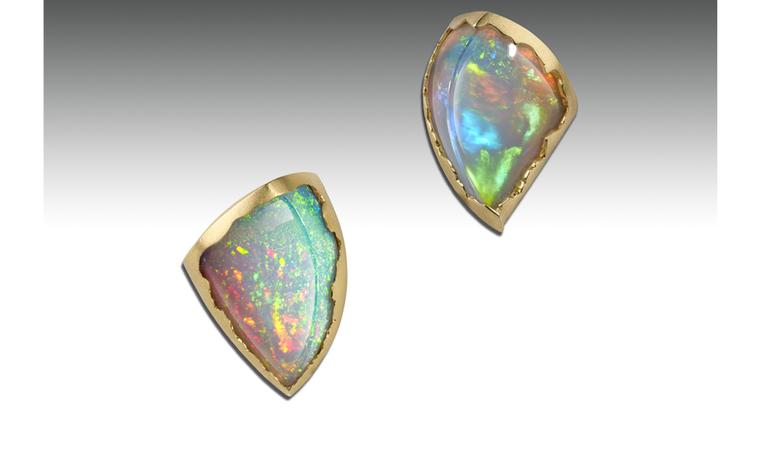 Ornella Iannuzzi: Simiens Mountains Earrings. With a total of 16 cts hand-carved Wello opals set in 18k Gold. Unique Piece. SOLD