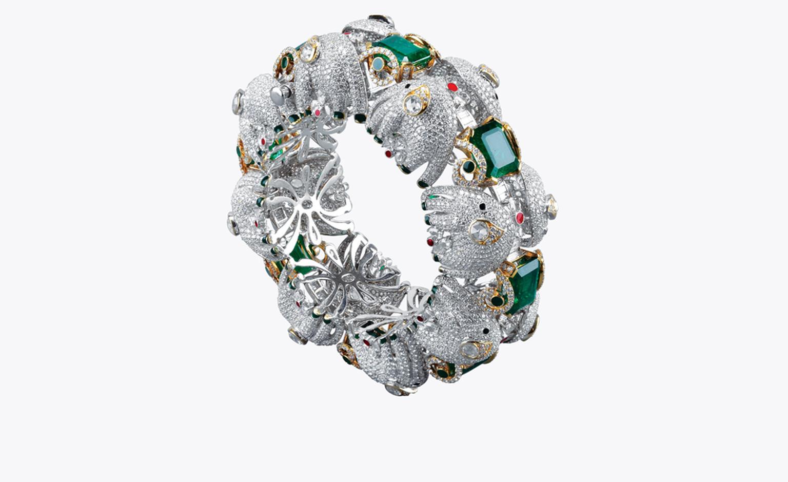 Narayan, Baroda. Bracelet, Zambian emeralds and diamonds in white old gold. Price from $200,000.