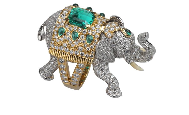 BOUCHERON. Hathi ring. White and yellow gold, emeralds, diamonds and sapphires. Price from £68,500.