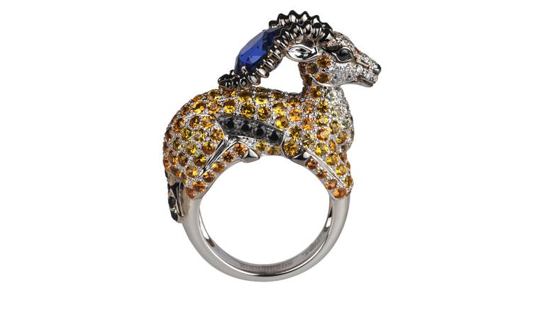 BOUCHERON. Razal ring. White gold, ceylon gadrooned sapphire, orange, yellow and black sapphires, and round diamonds. Price from £38,100.