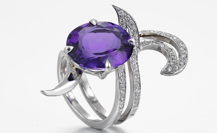 Deadly Nightshade Amethyst Ring, 18ct white gold ring set with Amethyst and Diamonds by Alexander Davis £3,095