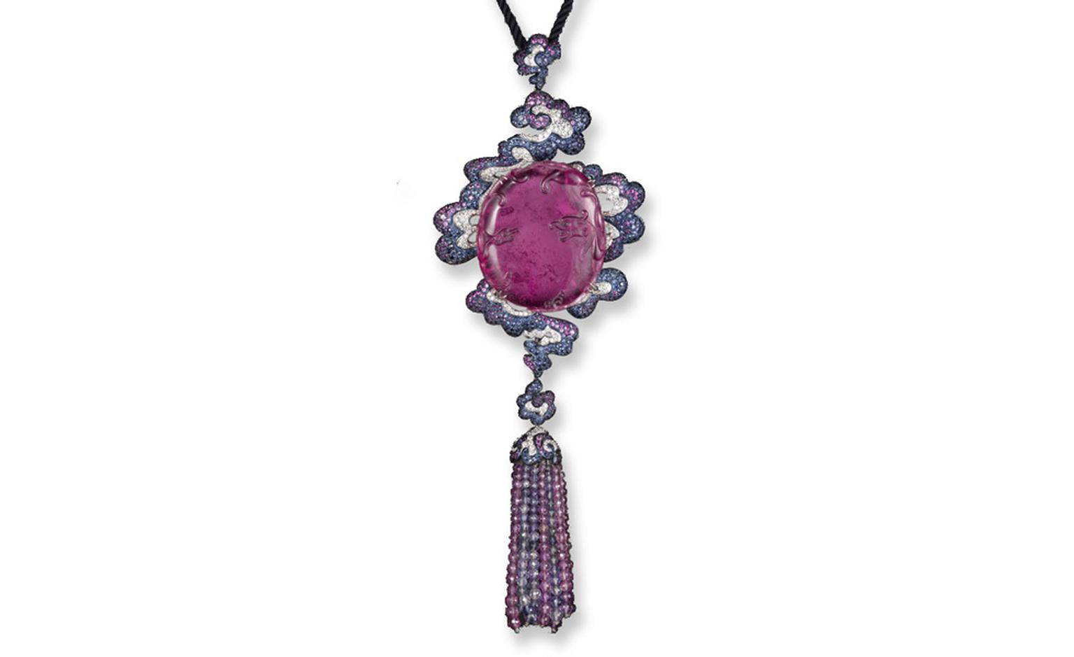 Pink Cloud tourmaline, white diamond, blue sapphire, pink sapphire and amethyst pendant in platinum, white gold and titanium.