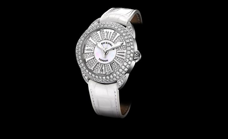 Backes & Strauss. The Piccadilly Diamond Dial 40 in white gold,  diamonds and Mother-of-Pearl. White alligator skin strap. Price from £34,290.00.